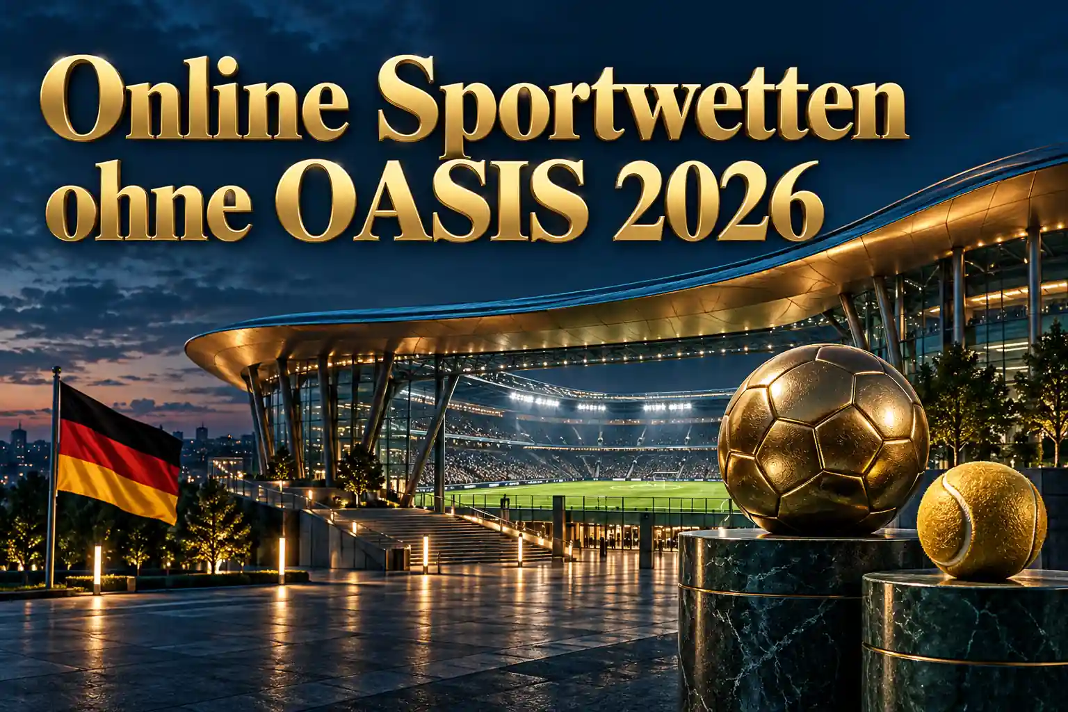 Online Sportwetten ohne OASIS 2026 – goldener Schriftzug über einer modernen Stadionarena mit goldenem Fußball, Tennisball und deutscher Flagge