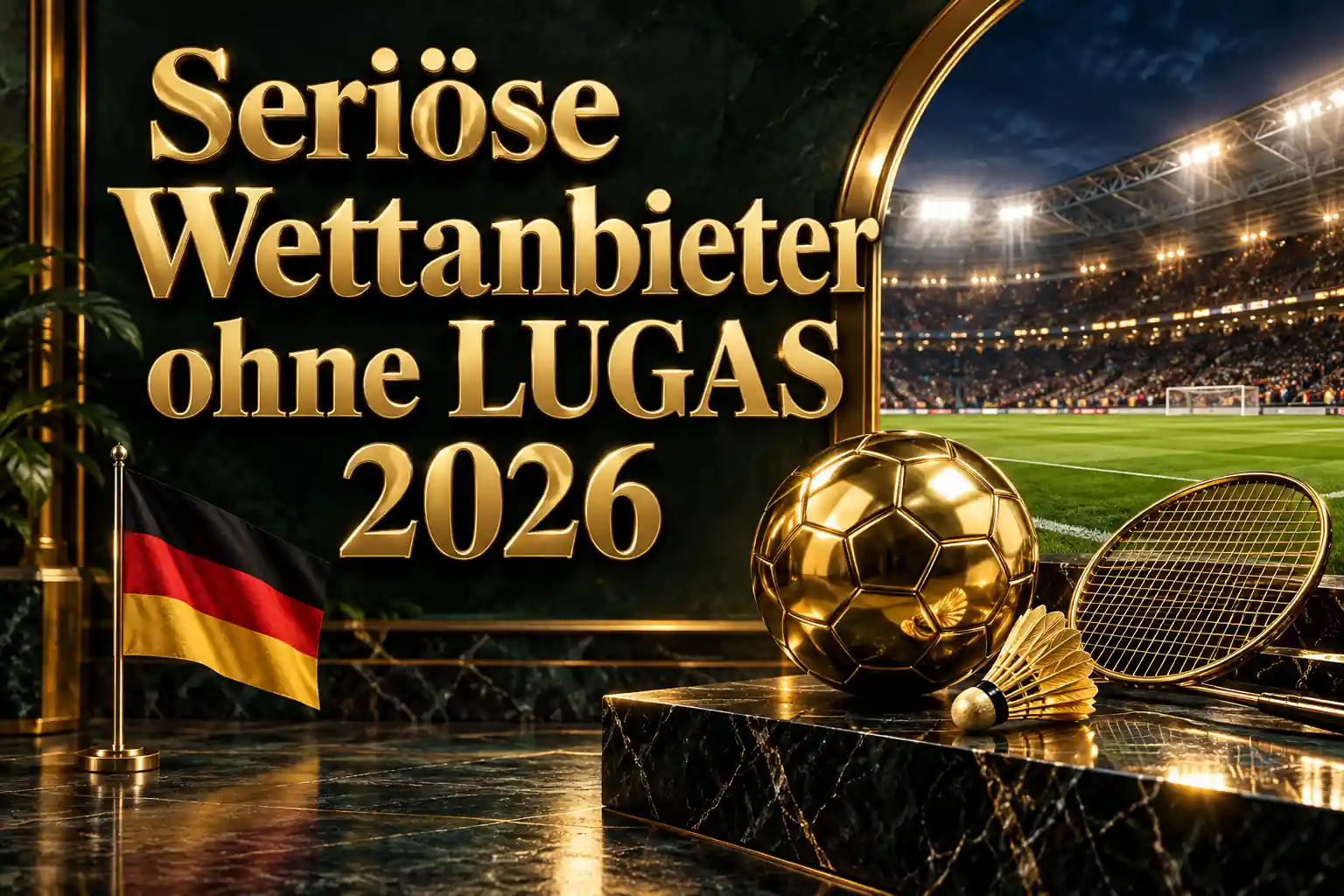 Seriöse Wettanbieter ohne LUGAS 2026 – goldener Schriftzug mit Fußball, Badmintonschläger und Federball vor einem beleuchteten Stadion mit deutscher Flagge