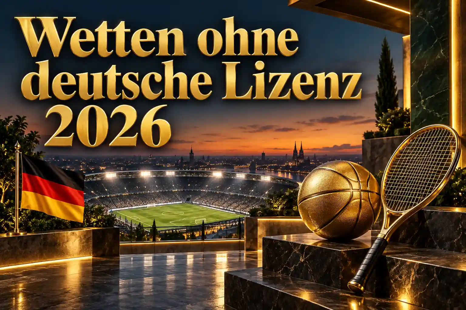Wetten ohne deutsche Lizenz 2026 – goldener Schriftzug mit Basketball und Tennisschläger auf einer Marmorterrasse über einem beleuchteten Stadion mit deutscher Flagge